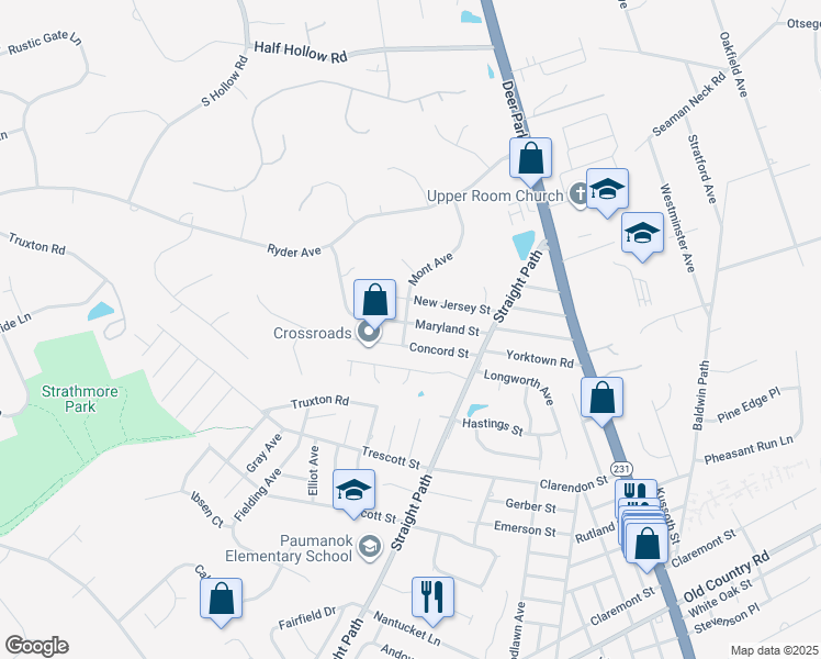 map of restaurants, bars, coffee shops, grocery stores, and more near 23 Maryland Street in Dix Hills
