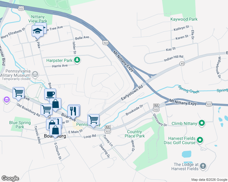 map of restaurants, bars, coffee shops, grocery stores, and more near 106 Settlers Way in Boalsburg