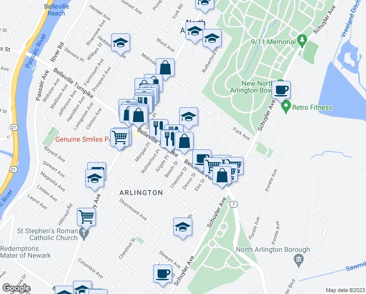 map of restaurants, bars, coffee shops, grocery stores, and more near 19 Beech Street in North Arlington