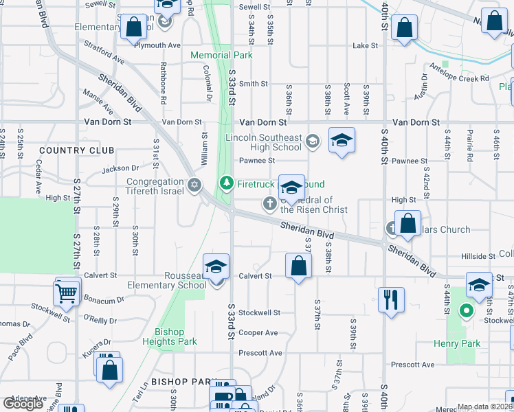 map of restaurants, bars, coffee shops, grocery stores, and more near 3400 Sheridan Boulevard in Lincoln