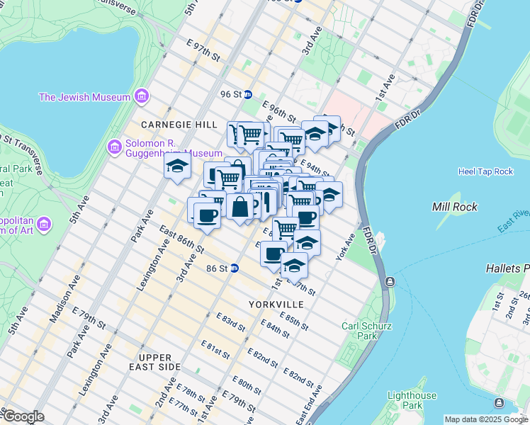 map of restaurants, bars, coffee shops, grocery stores, and more near in New York