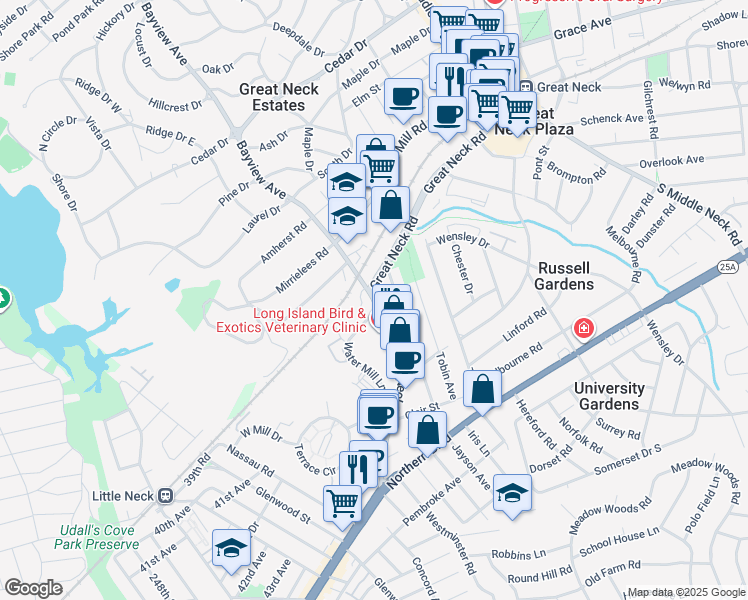map of restaurants, bars, coffee shops, grocery stores, and more near 341 Great Neck Road in Great Neck