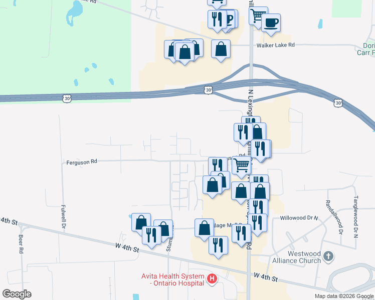 map of restaurants, bars, coffee shops, grocery stores, and more near 2270 Ferguson Road in Ontario