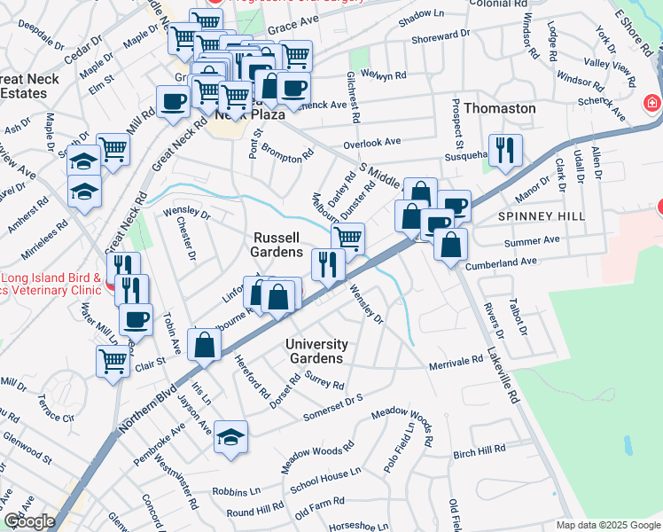 map of restaurants, bars, coffee shops, grocery stores, and more near 50 Wensley Drive in Great Neck