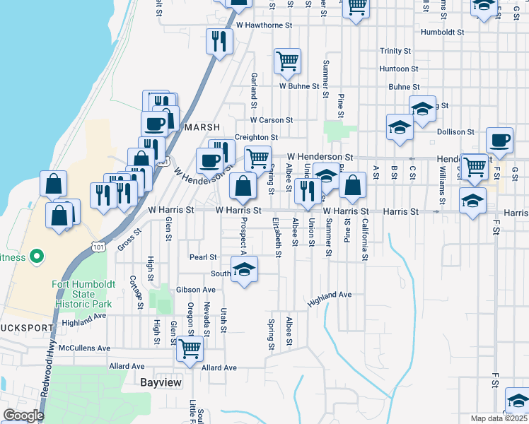 map of restaurants, bars, coffee shops, grocery stores, and more near 623 West Harris Street in Eureka