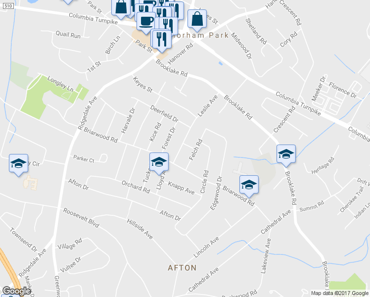 map of restaurants, bars, coffee shops, grocery stores, and more near 8 Leslie Avenue in Florham Park