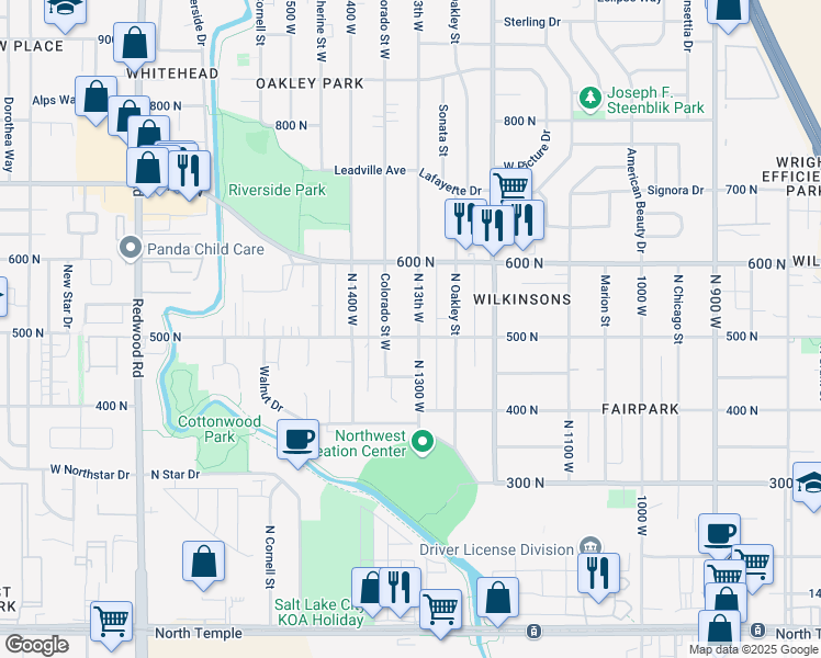 map of restaurants, bars, coffee shops, grocery stores, and more near 507 North 1300 West in Salt Lake City