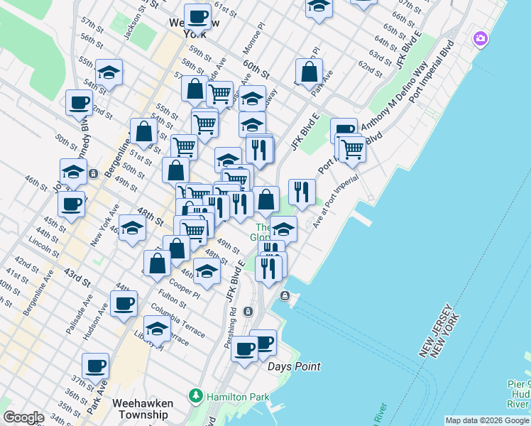 map of restaurants, bars, coffee shops, grocery stores, and more near 5203 JFK Boulevard East in West New York