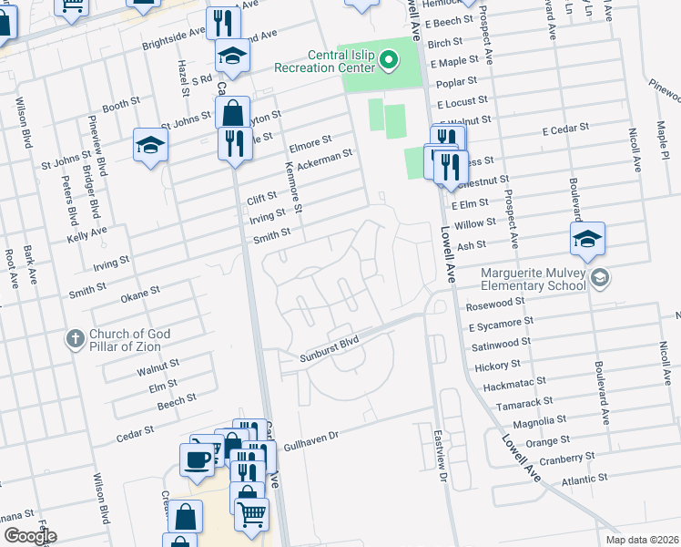 map of restaurants, bars, coffee shops, grocery stores, and more near 11 Summerfield Cir in Central Islip