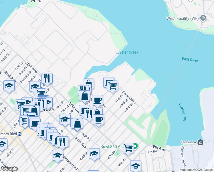 map of restaurants, bars, coffee shops, grocery stores, and more near 1826 Steinway Place in Queens