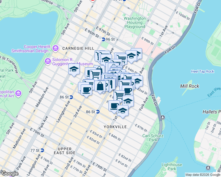 map of restaurants, bars, coffee shops, grocery stores, and more near 2nd Ave & E 90th St in New York
