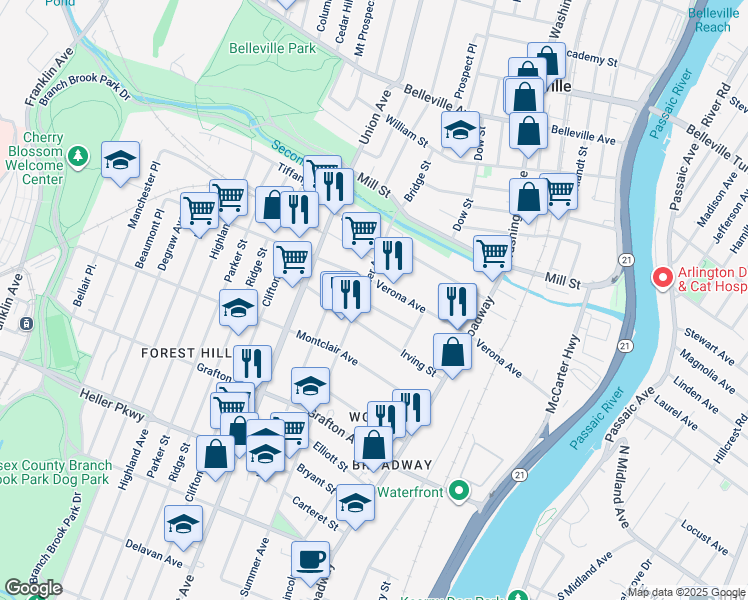 map of restaurants, bars, coffee shops, grocery stores, and more near 87 Winthrop Street in Newark