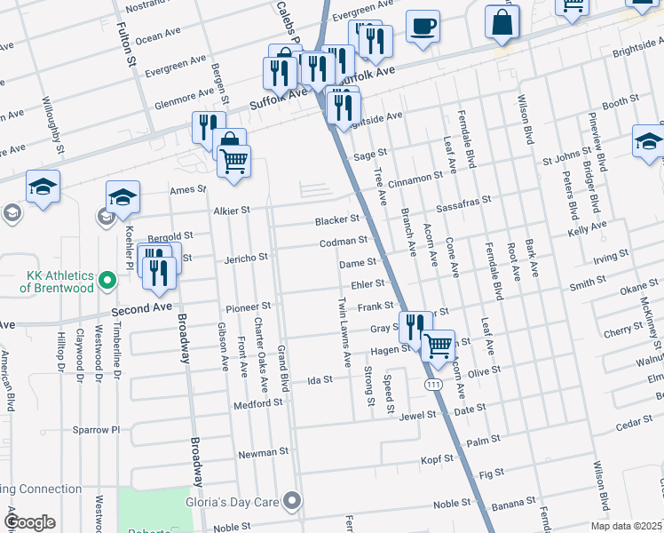 map of restaurants, bars, coffee shops, grocery stores, and more near 148 Twin Lawns Avenue in Brentwood