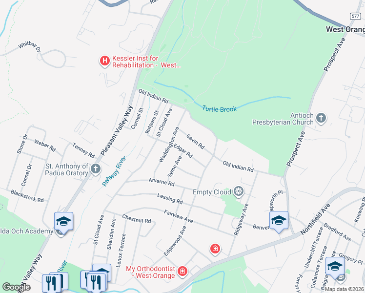 map of restaurants, bars, coffee shops, grocery stores, and more near 18 Edgar Road in West Orange