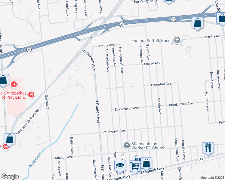 map of restaurants, bars, coffee shops, grocery stores, and more near 246 Hampton Avenue in Patchogue