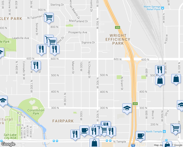 map of restaurants, bars, coffee shops, grocery stores, and more near 930 West 500 North in Salt Lake City