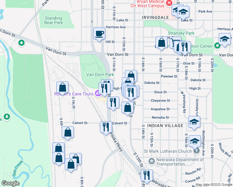 map of restaurants, bars, coffee shops, grocery stores, and more near 3221 South 12th Street in Lincoln
