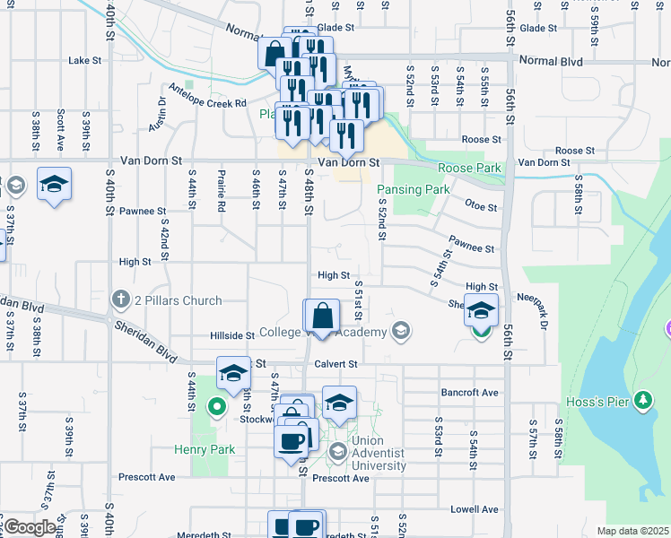 map of restaurants, bars, coffee shops, grocery stores, and more near 4836 High Street in Lincoln