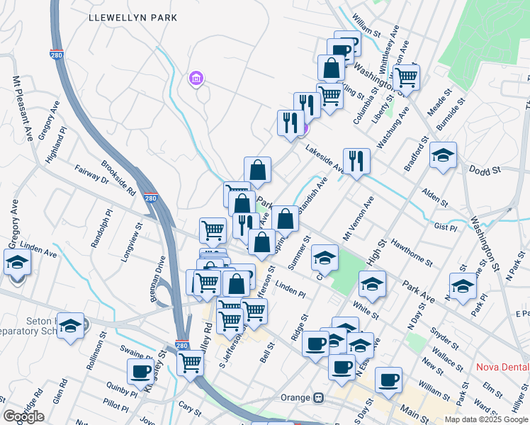 map of restaurants, bars, coffee shops, grocery stores, and more near 75 Ashland Avenue in West Orange