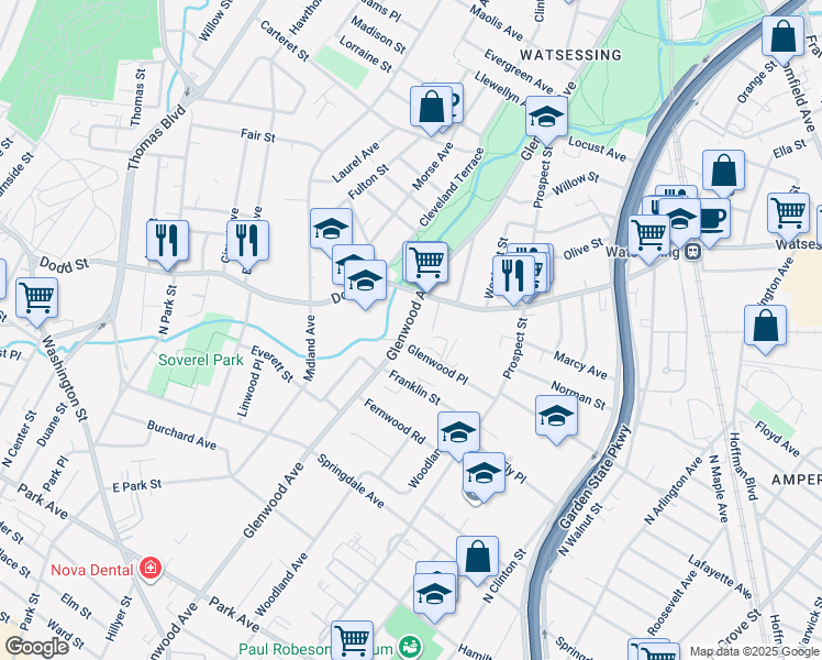 map of restaurants, bars, coffee shops, grocery stores, and more near 388 Glenwood Avenue in East Orange