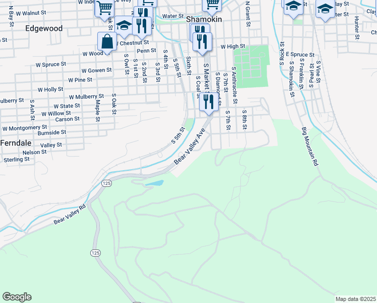 map of restaurants, bars, coffee shops, grocery stores, and more near Bear Valley Avenue in Shamokin