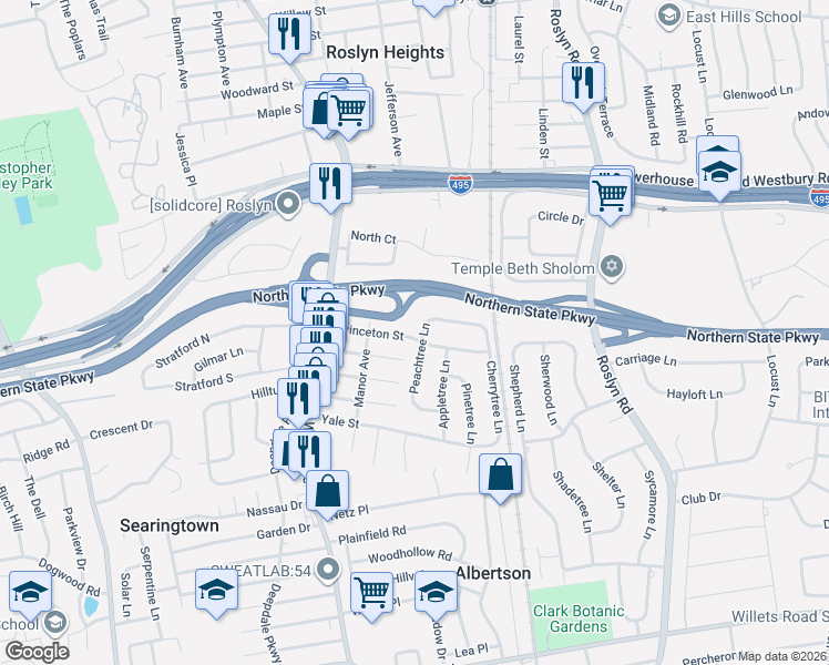 map of restaurants, bars, coffee shops, grocery stores, and more near 88 Peachtree Lane in Roslyn Heights