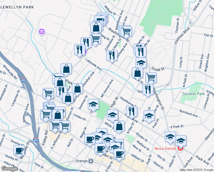 map of restaurants, bars, coffee shops, grocery stores, and more near 213 Mount Vernon Avenue in City of Orange