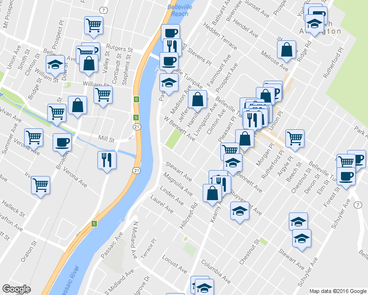 map of restaurants, bars, coffee shops, grocery stores, and more near 57 Livingston Ave in Kearny