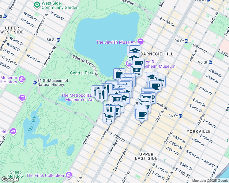 map of restaurants, bars, coffee shops, grocery stores, and more near 1035 Museum Mile in New York