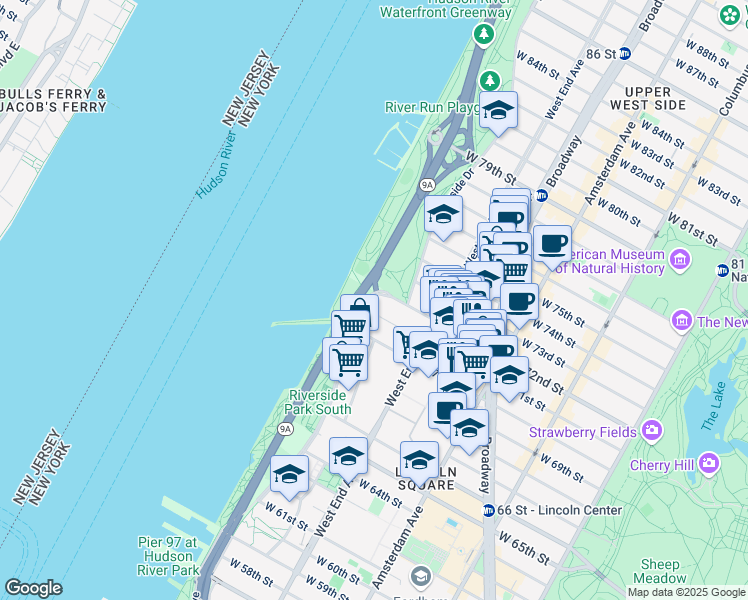 map of restaurants, bars, coffee shops, grocery stores, and more near 240 Riverside Boulevard in New York