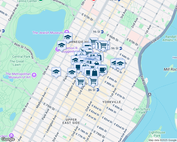 map of restaurants, bars, coffee shops, grocery stores, and more near 173 East 88th Street in New York
