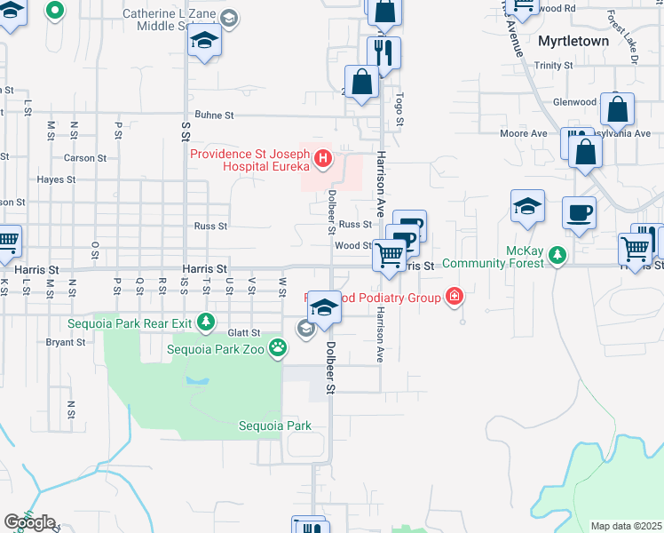 map of restaurants, bars, coffee shops, grocery stores, and more near Harris St & Dolbeer St in Eureka