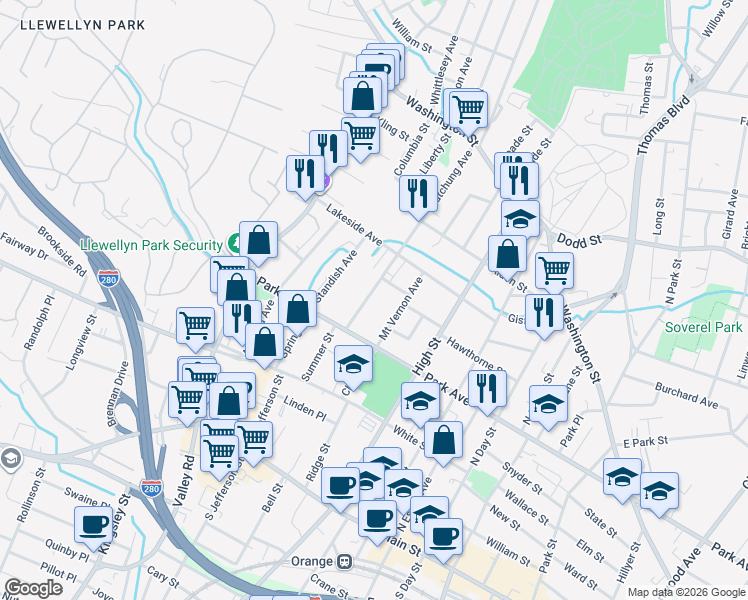 map of restaurants, bars, coffee shops, grocery stores, and more near 228 Watchung Avenue in City of Orange
