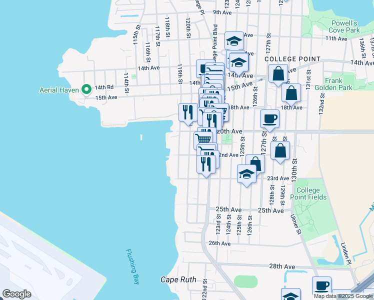 map of restaurants, bars, coffee shops, grocery stores, and more near 20-44 120th Street in Queens