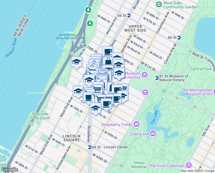 map of restaurants, bars, coffee shops, grocery stores, and more near 159 West 75th Street in New York