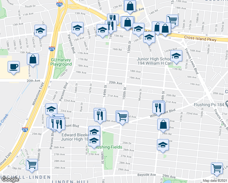 map of restaurants, bars, coffee shops, grocery stores, and more near 149-32 20th Road in Queens