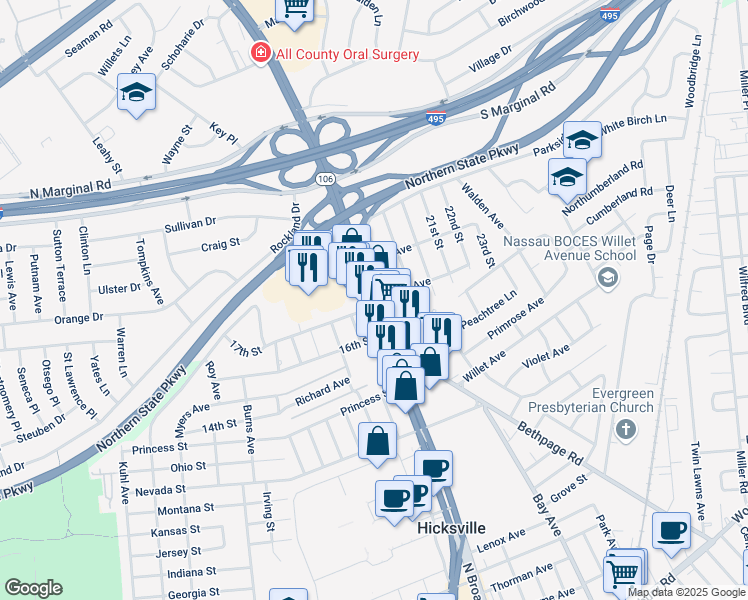map of restaurants, bars, coffee shops, grocery stores, and more near 335 North Broadway in Jericho