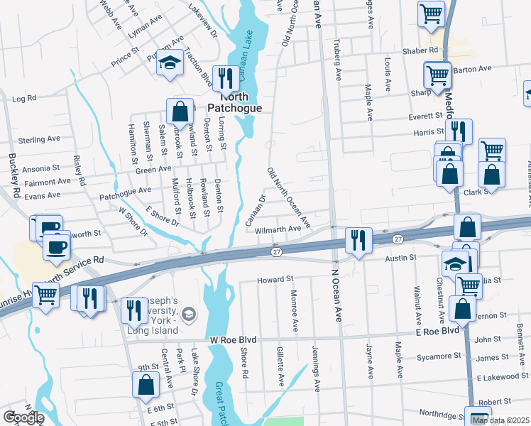 map of restaurants, bars, coffee shops, grocery stores, and more near 41 Oakleigh Street in Patchogue