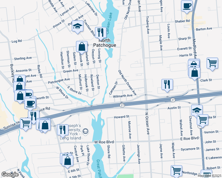 map of restaurants, bars, coffee shops, grocery stores, and more near 96 Canaan Drive in Patchogue