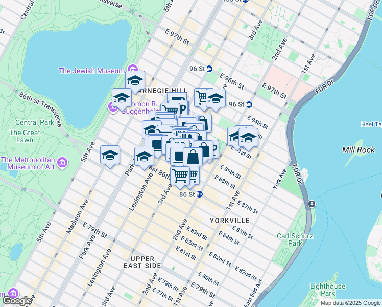 map of restaurants, bars, coffee shops, grocery stores, and more near 200 East 89th Street in New York