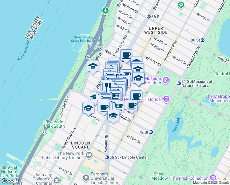 map of restaurants, bars, coffee shops, grocery stores, and more near 2124 Broadway in New York
