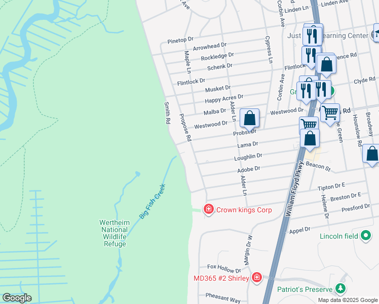 map of restaurants, bars, coffee shops, grocery stores, and more near 56 Propose Road in Shirley
