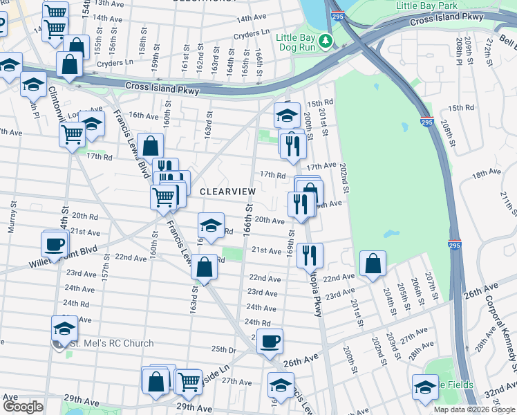map of restaurants, bars, coffee shops, grocery stores, and more near 17-93 166th Street in Queens