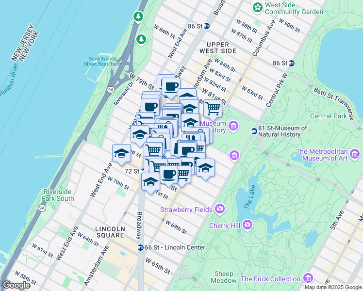 map of restaurants, bars, coffee shops, grocery stores, and more near 148 West 76th Street in New York