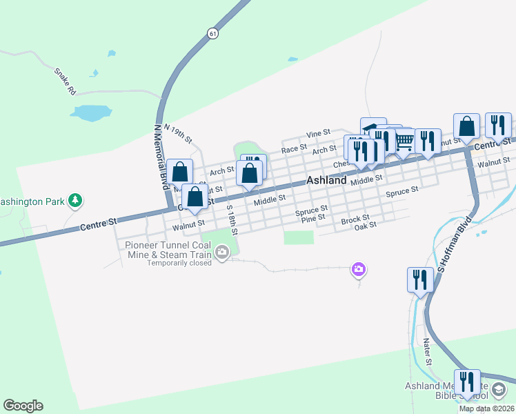 map of restaurants, bars, coffee shops, grocery stores, and more near 1607 Walnut Street in Ashland