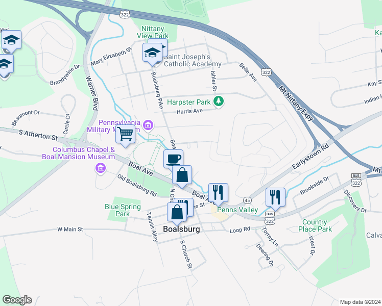 map of restaurants, bars, coffee shops, grocery stores, and more near 118 Memorial Place in Boalsburg