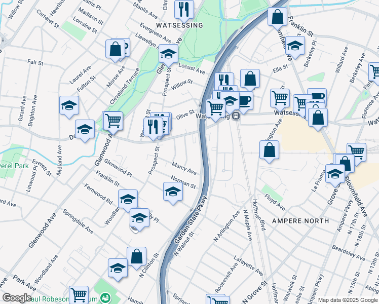 map of restaurants, bars, coffee shops, grocery stores, and more near 32 Meadow Street in East Orange