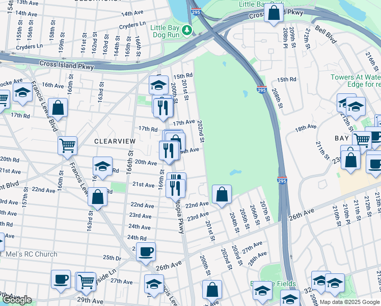 map of restaurants, bars, coffee shops, grocery stores, and more near 199-42 19th Avenue in Queens