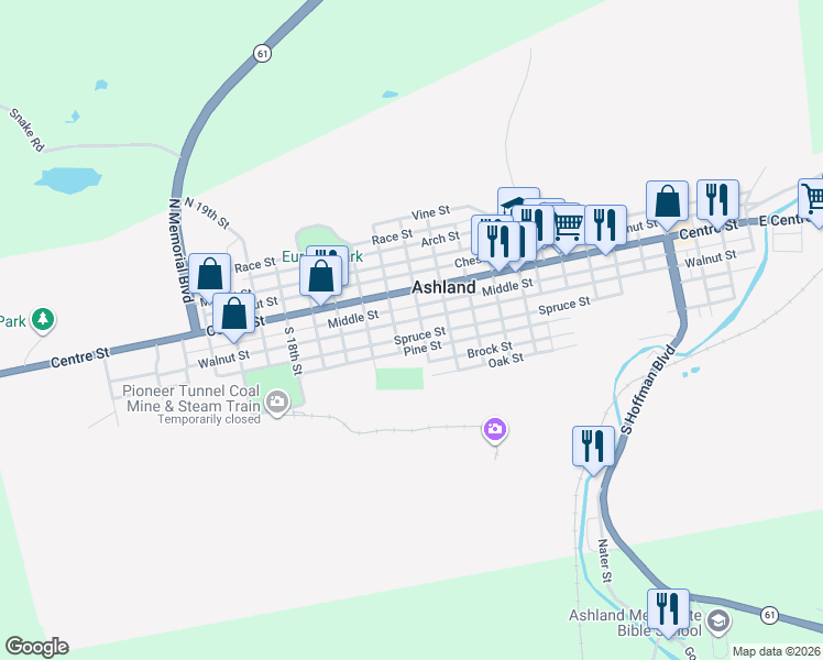 map of restaurants, bars, coffee shops, grocery stores, and more near 1314 Walnut Street in Ashland