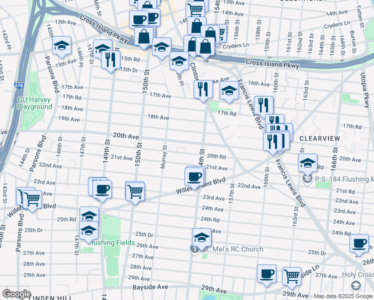 map of restaurants, bars, coffee shops, grocery stores, and more near 151-49 20th Road in Queens